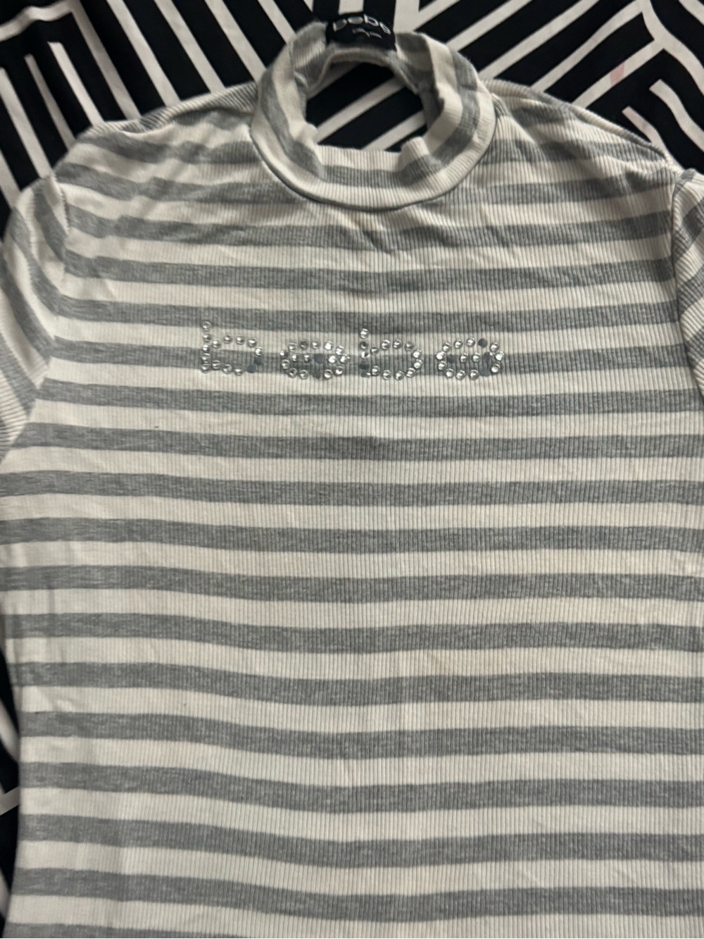 bebe Gray & White Striped Long Sleeve Tee with Crystal Logo